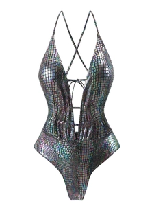 Holographic laser one-piece swimsuit with V-neck crossover straps and crocodile texture