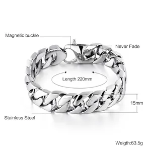 Polished stainless steel Cuban link bracelet with magnetic buckle for men