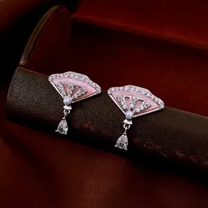 Boucles D'oreilles Éventail Émail Rose Zirconia Avec Künstliche Perle Et Tige En Argent Sterling 925 Bijoux Élégants Femmes