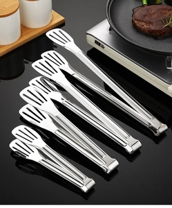 Set of five stainless steel kitchen tongs in various sizes with hollow head design