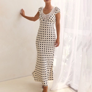 Polka Dot Satin Maxi Dress With Lace Trim V Neck Puff Short Sleeve Backless Retro Elegant Women Dress