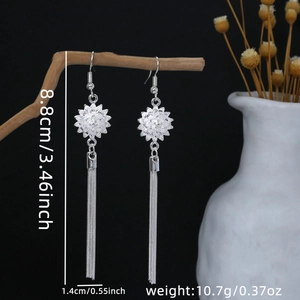 Detailed view of silver flower tassel earrings with precise size and weight measurements