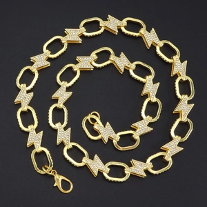 Lightning Shape Link Necklace And Bracelet Rhinestone Alloy Hip Hop Cuban Chain Bold Fashion Jewelry Men Women