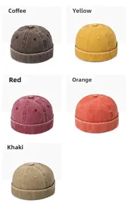 Detail view of denim miki hats in coffee, yellow, red, orange and khaki colors