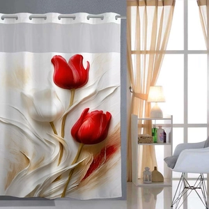 Detail view of 3D floral tulip print on white waterproof shower curtain with metal rings