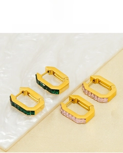 Detail of 18K gold plated hoop earrings with square green and pink zircon stones