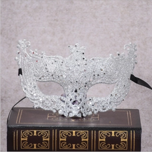 Sparkling silver Venetian masquerade mask with glitter finish and black ribbons for parties