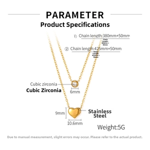 Detailed size chart for double-layer gold heart necklace with zircon pendant dimensions