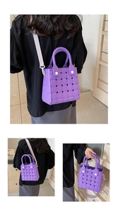 Detailed macro views of purple EVA woven tote bag showing texture and stylish shoulder strap