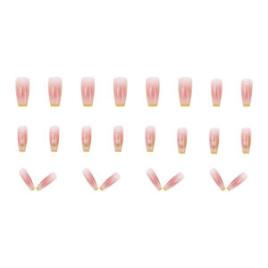 Pink gradient press-on nails set with yellow French tips and tulip flower art designs
