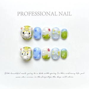 Handmade press-on nail set with cute 3D zodiac animal horse and heart-shaped patterns