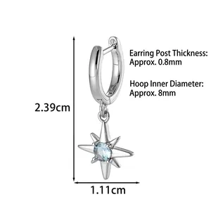 Silver star pendant earrings with light blue gemstone and size measurement details
