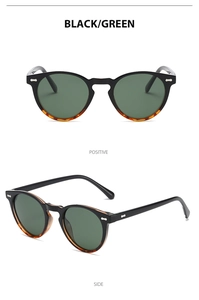 Front and side views of vintage round polarized sunglasses with rivet details