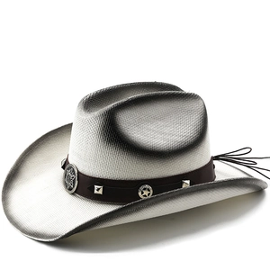 Chapeau De Cowboy Occidental Paille De Papier Large Bord Protection Solaire Rivets Étoiles Bande Cuir Plage Voyage Homme Femme