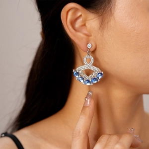 Vintage Luxury Geometric Oval Drop Earrings With Blue Rhinestones Alloy Jewelry With Silver Earring Post For Women