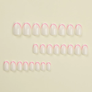 Minimalist square press-on nails with milk white base and pink arc line design, 24 pieces set