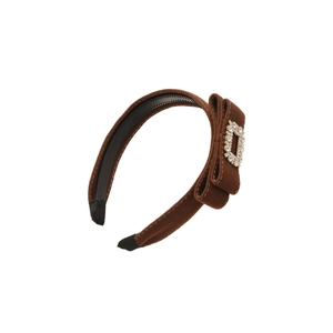 Brown flocked diamond padded headband with velvet bow and rhinestone crystal accent