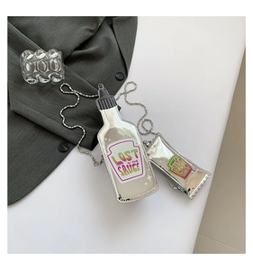 Detail of silver bottle-shaped crossbody bag and sauce packet pouch with metal chains