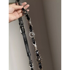 Y2K leather waist chain with geometric metal sun pendants and silver buckles