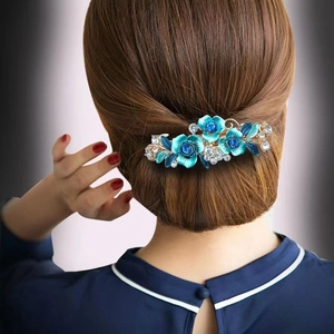 Barrette à fleurs vintage avec émail bleu et strass sur base en alliage doré élégante