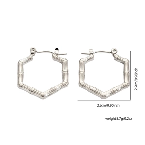 Silver stainless steel bamboo-textured hexagonal earrings with size and weight specs