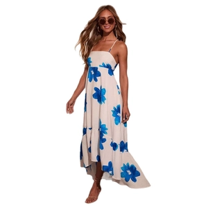 Summer Bohemian blue and white floral printed halter dress with asymmetric hem display