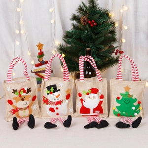 Set of 4 Christmas burlap gift bags with Santa, Reindeer, and striped long-leg designs