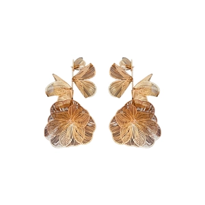 Exquisite hollow floral drop earrings in gold finish with intricate wire design
