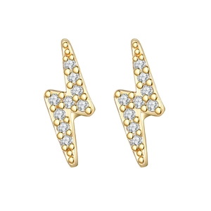 Golden lightning bolt stud earrings with white zirconia stones on a white background