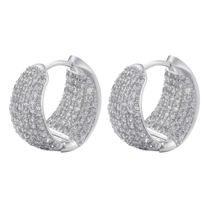 Classic silver hoop earrings with micro-pave white cubic zirconia stones on white background