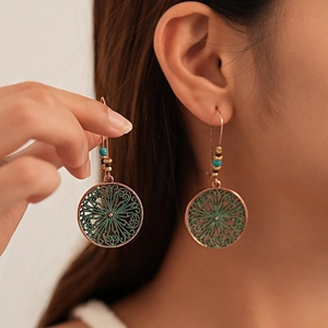 Vintage Bohemian Mandala Flower Hollow Round Drop Earrings With Alloy Rice Beads And Steel Earring Post For Women