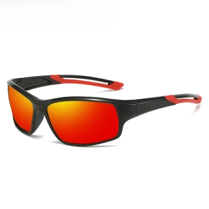 Detail of matte black cycling sunglasses with red mirrored lenses and non-slip rubber tips