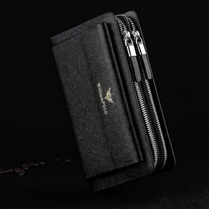 Classic black leather business clutch for men with dual zippers and gold hardware