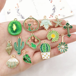 Green enamel alloy charm set with various fruit and floral shapes for DIY jewelry