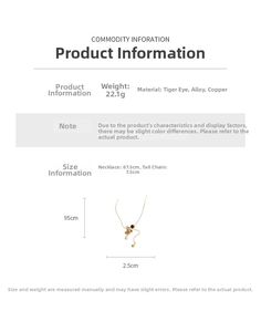 Detail view of tiger eye stone cross pendant with specs for a 95cm gold chain necklace