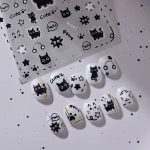 3D embossed black cat nail stickers TS-3760 with stars and paw prints on white nail tips