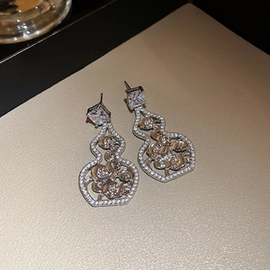 French palace style hollow gourd earrings with silver needles and crystal pavé details