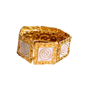 Vintage gold square enamel link bracelet with spiral texture and white finish