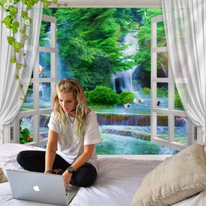 Wall Tapestry Polyester 3D Window View Nature Landscape Waterfall Forest Hanging Cloth Home Bedroom Dorm Decor Aesthetic