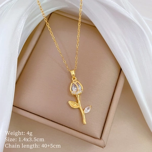 Gold tulip pendant necklace with cubic zirconia and dimensions 1.4x3.5cm and 4g weight