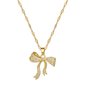 Bowknot zircon pendant necklace with sparkling stones on gold plated water wave chain