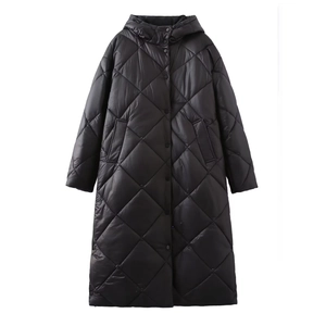Women's black hooded quilted long parka with mid-calf length and button closure