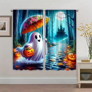 Detail showing Halloween curtains with cute ghost and pumpkin print on polyester fabric