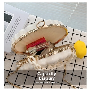 Internal view of shell crossbody bag showing space for lipstick and cosmetics