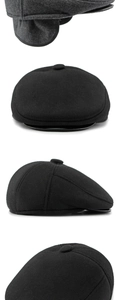 Detailed views of winter flat caps with foldable ear protection and wool texture
