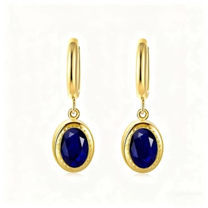 Detailed view of oval dark blue gemstone earrings with wavy gold metal frames