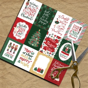 Flat lay of vintage Nutcracker Christmas scrapbooking tags on rustic kraft paper background