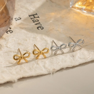 Bow Stud Earrings Stainless Steel 18K Gold Plated Waterproof Hypoallergenic Tarnish Free Simple Elegant Jewelry For Women