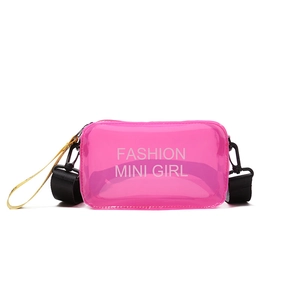 Pink transparent PVC crossbody bag with wide black strap and Fashion Mini Girl print