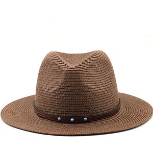 Cappello Fedora In Paglia Di Carta Intrecciata Tesa Larga Protezione Solare Estate Spiaggia Panama Jazz Con Cintura In Pelle Con Perle Turchesi